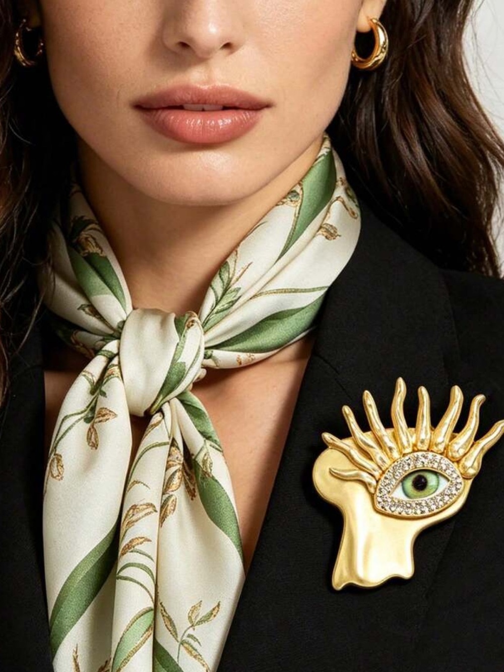 Luxury Gold Evil Eye Hand Brooch Crystal Embellished Avant Garde Pin